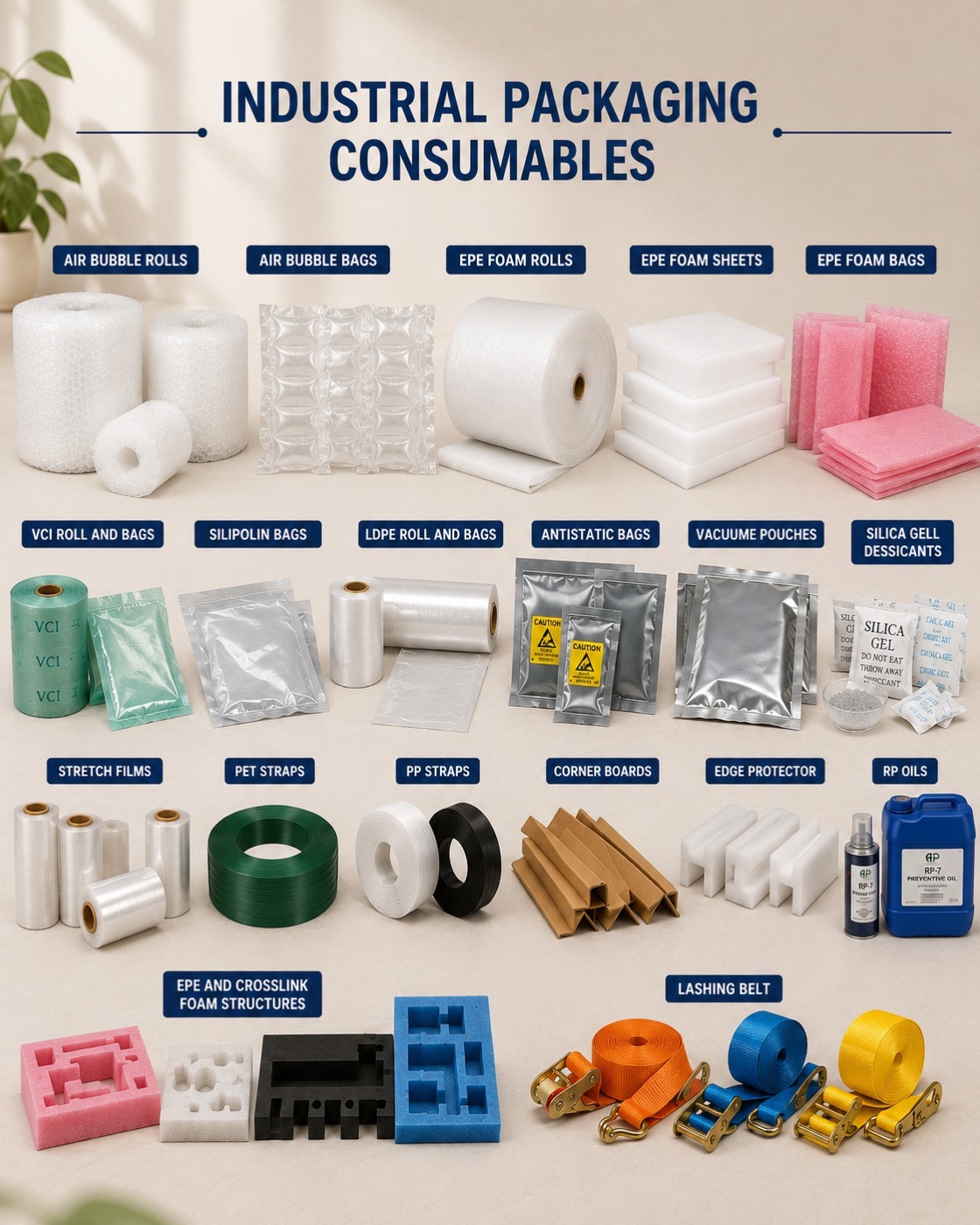 Heramb industrial packaging consumables — stretch films, VCI bags, edge protectors, straps