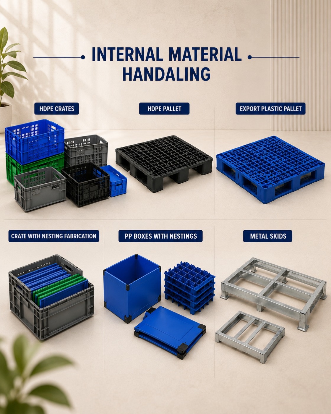 Heramb internal material handling — steel skids, crates and pallets for plant transit